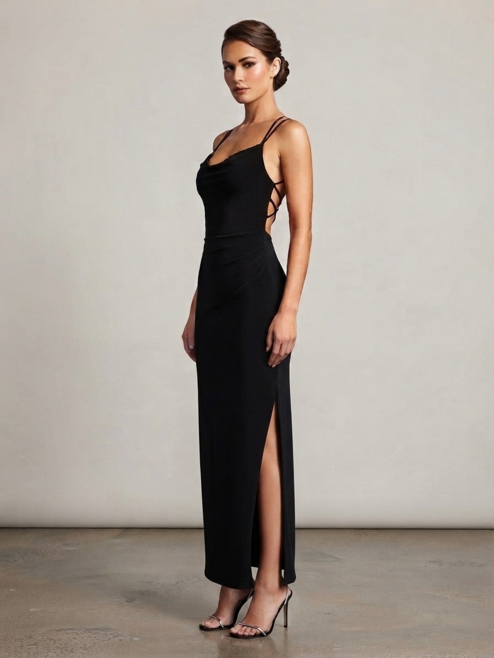Evening Black Strappy Side-Slit Maxi Dress